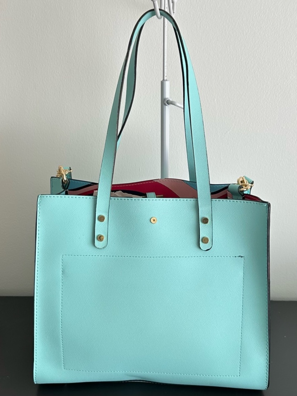 Trina Turk Aqua Blue Structured Tote Crossbody Bag Gold Hardware Satchel - Picture 6 of 8